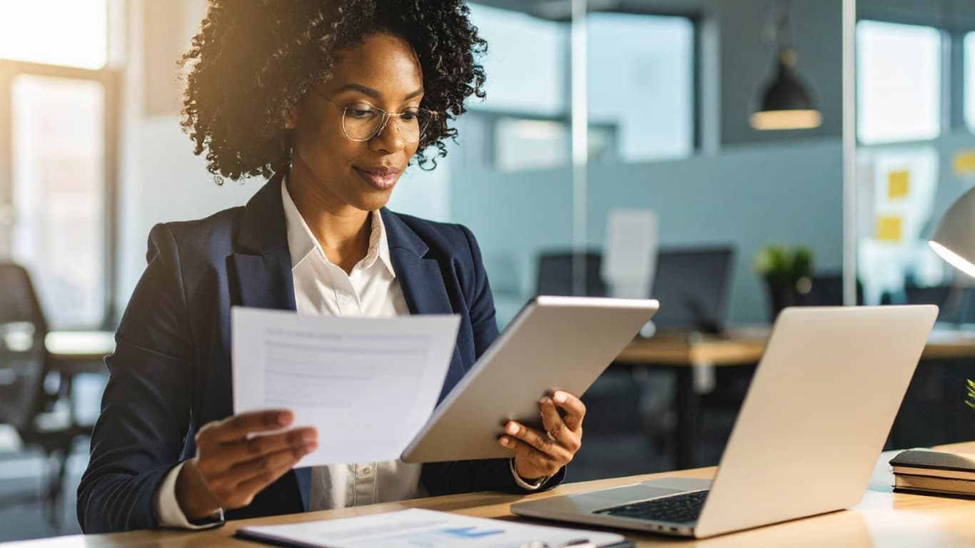 A composed professional reviewing her receipts.